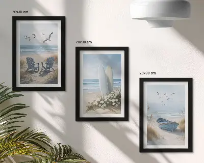 Juego de 3 cuadros decorativos con diseño de playa, tablas de surf, barcos y pájaros