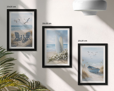 Juego de 3 cuadros decorativos Playa con tablas de surf, barcos y pájaros.