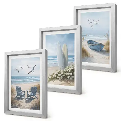 Juego de 3 cuadros decorativos con diseño de playa, tablas de surf, barcos y pájaros