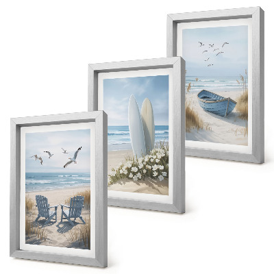 Juego de 3 cuadros decorativos Playa con tablas de surf, barcos y pájaros.