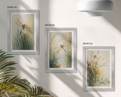 Tríptico enmarcado Hierbas pintadas con libélulas sobre el agua