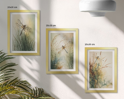 Tríptico enmarcado Hierbas pintadas con libélulas sobre el agua
