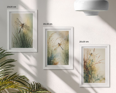 Tríptico enmarcado Hierbas pintadas con libélulas sobre el agua