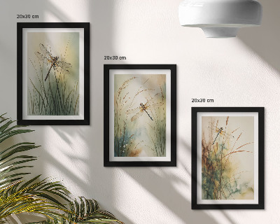 Tríptico enmarcado Hierbas pintadas con libélulas sobre el agua
