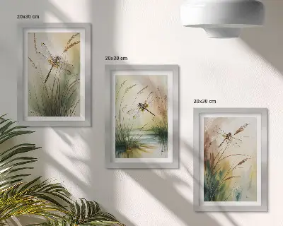 Juego de 3 cuadros decorativos con diseño pictórico de libélulas entre la hierba junto al agua