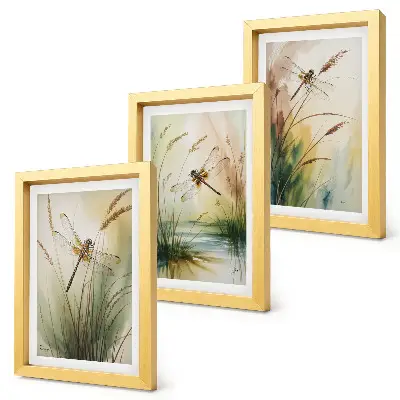 Juego de 3 cuadros decorativos con diseño pictórico de libélulas entre la hierba junto al agua