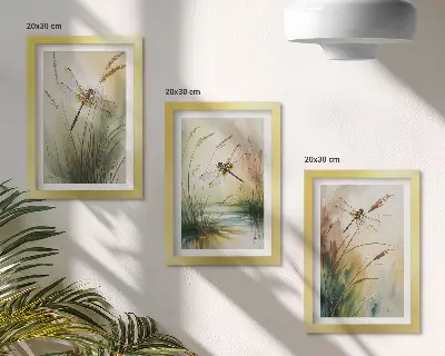 Juego de 3 cuadros decorativos con diseño pictórico de libélulas entre la hierba junto al agua