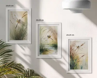 Juego de 3 cuadros decorativos con diseño pictórico de libélulas entre la hierba junto al agua