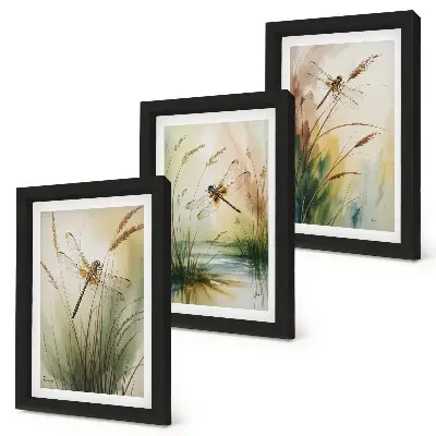 Juego de 3 cuadros decorativos con diseño pictórico de libélulas entre la hierba junto al agua