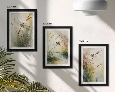 Juego de 3 cuadros decorativos con diseño pictórico de libélulas entre la hierba junto al agua