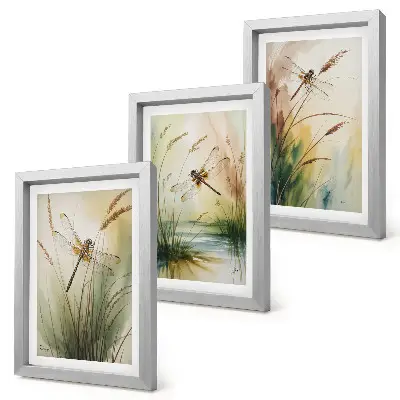 Juego de 3 cuadros decorativos con diseño pictórico de libélulas entre la hierba junto al agua
