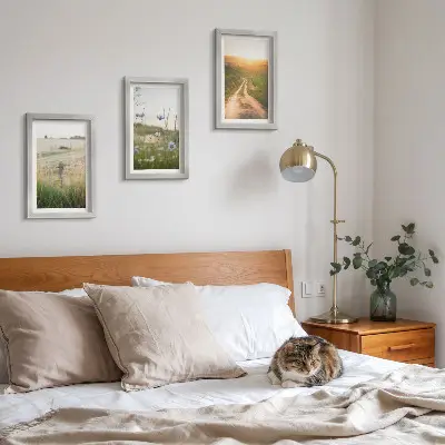 Juego de 3 cuadros decorativos con paisajes naturales de campos y un sendero al sol