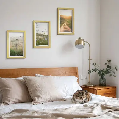 Juego de 3 cuadros decorativos con paisajes naturales de campos y un sendero al sol
