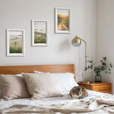 Juego de 3 cuadros decorativos con paisajes naturales de campos y un sendero al sol