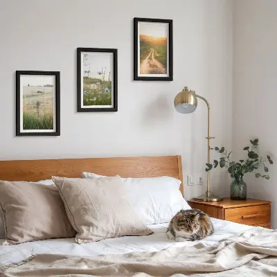Juego de 3 cuadros decorativos con paisajes naturales de campos y un sendero al sol
