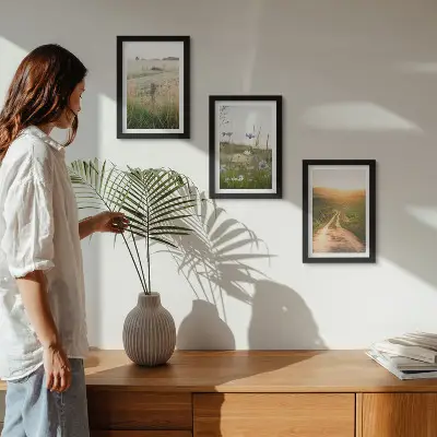 Juego de 3 cuadros decorativos con paisajes naturales de campos y un sendero al sol
