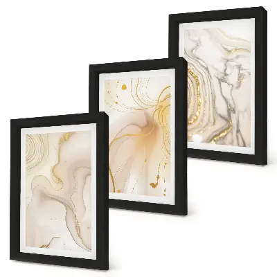 Tríptico de pintura con patrones abstractos enmarcado con diseño de pintura derramada
