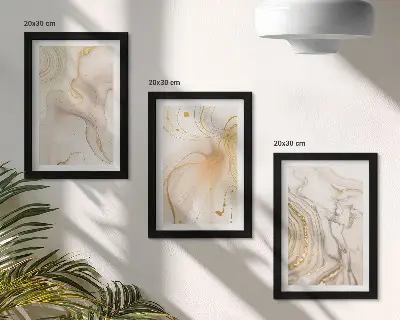 Tríptico de pintura con patrones abstractos enmarcado con diseño de pintura derramada