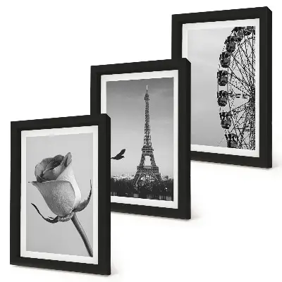Tríptico enmarcado de la Torre Eiffel rosa y noria en monocromo