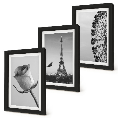 Tríptico enmarcado Torre Eiffel rosa y noria en monocromo