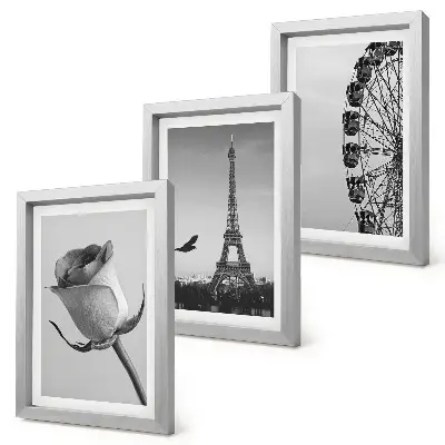 Tríptico enmarcado de la Torre Eiffel rosa y noria en monocromo