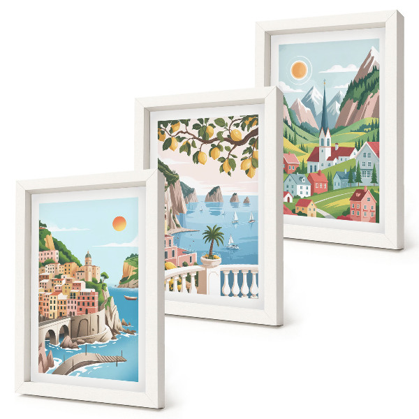 Juego de 3 cuadros decorativos Paisajes pintorescos con mar y frutas cítricas