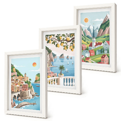Juego de 3 cuadros decorativos Paisajes pintorescos con mar y frutas cítricas