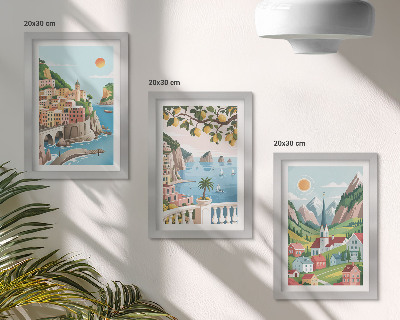 Juego de 3 cuadros decorativos Paisajes pintorescos con mar y frutas cítricas