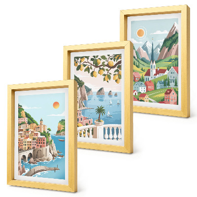 Juego de 3 cuadros decorativos Paisajes pintorescos con mar y frutas cítricas