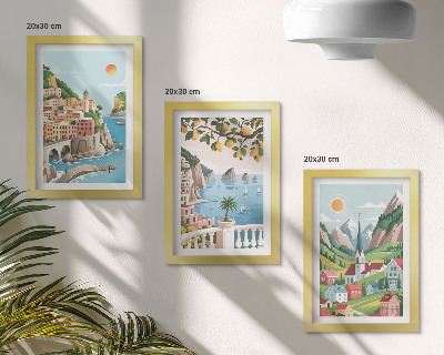 Juego de 3 cuadros decorativos Paisajes pintorescos con mar y frutas cítricas