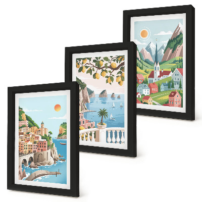Juego de 3 cuadros decorativos Paisajes pintorescos con mar y frutas cítricas