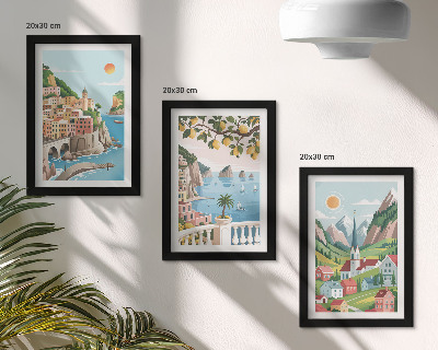 Juego de 3 cuadros decorativos Paisajes pintorescos con mar y frutas cítricas