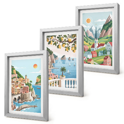 Juego de 3 cuadros decorativos Paisajes pintorescos con mar y frutas cítricas