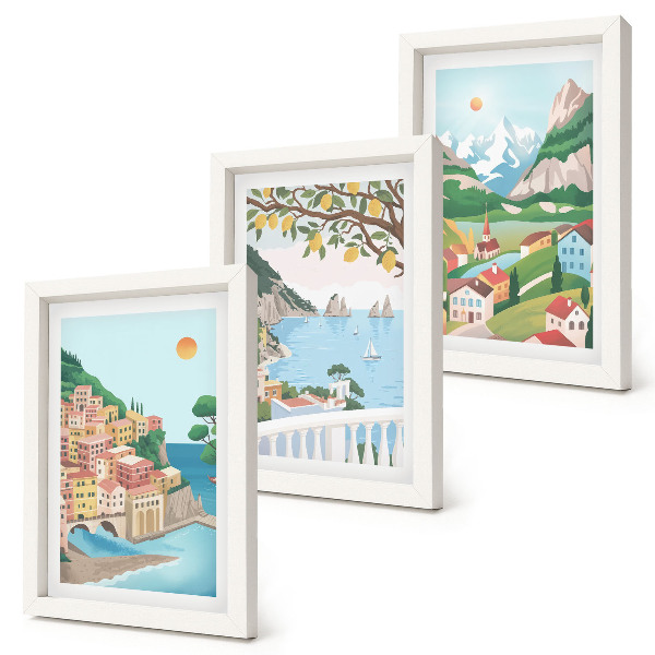 Tríptico enmarcado Vistas al mar con casas de colores pastel