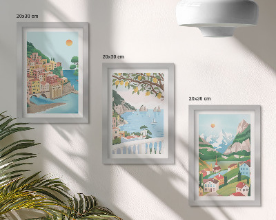 Tríptico enmarcado Vistas al mar con casas de colores pastel