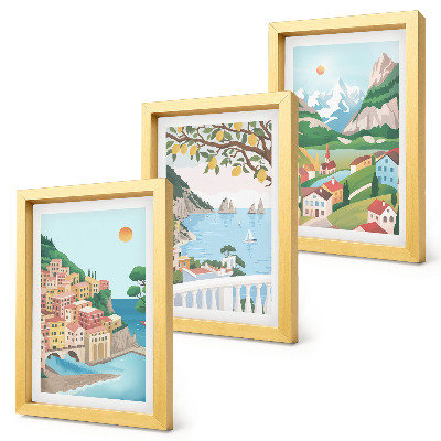 Tríptico enmarcado Vistas al mar con casas de colores pastel