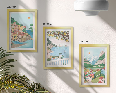 Tríptico enmarcado Vistas al mar con casas de colores pastel