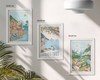Tríptico enmarcado Vistas al mar con casas de colores pastel