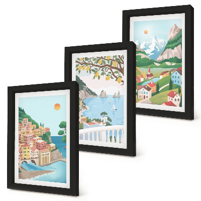 Tríptico enmarcado Vistas al mar con casas de colores pastel