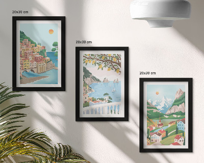 Tríptico enmarcado Vistas al mar con casas de colores pastel