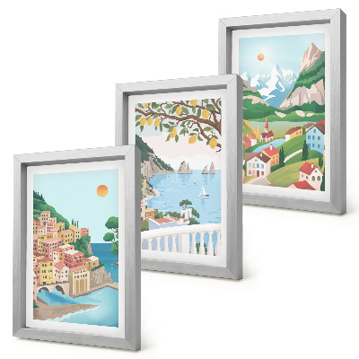 Tríptico enmarcado Vistas al mar con casas de colores pastel