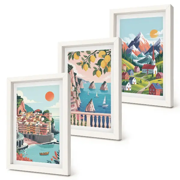 Juego de 3 cuadros decorativos de paisajes montañosos coloridos y ciudades costeras