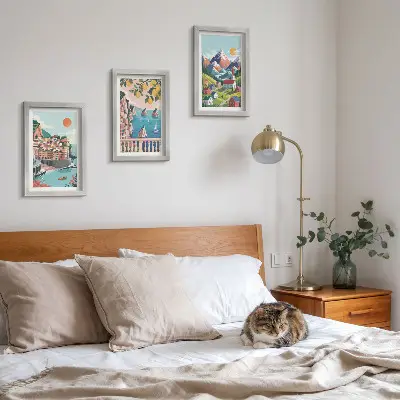 Juego de 3 cuadros decorativos de paisajes montañosos coloridos y ciudades costeras