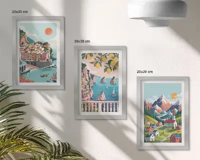 Juego de 3 cuadros decorativos de paisajes montañosos coloridos y ciudades costeras