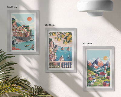 Juego de 3 cuadros decorativos Paisajes montañosos coloridos y ciudades costeras