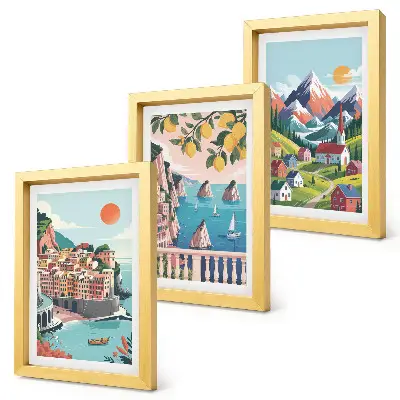Juego de 3 cuadros decorativos de paisajes montañosos coloridos y ciudades costeras