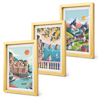 Juego de 3 cuadros decorativos Paisajes montañosos coloridos y ciudades costeras