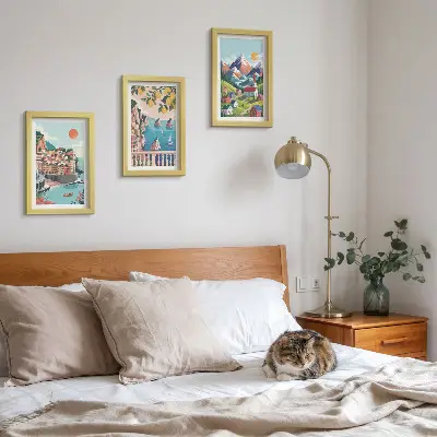 Juego de 3 cuadros decorativos de paisajes montañosos coloridos y ciudades costeras