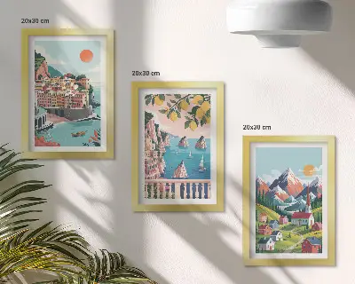 Juego de 3 cuadros decorativos de paisajes montañosos coloridos y ciudades costeras