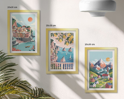 Juego de 3 cuadros decorativos Paisajes montañosos coloridos y ciudades costeras